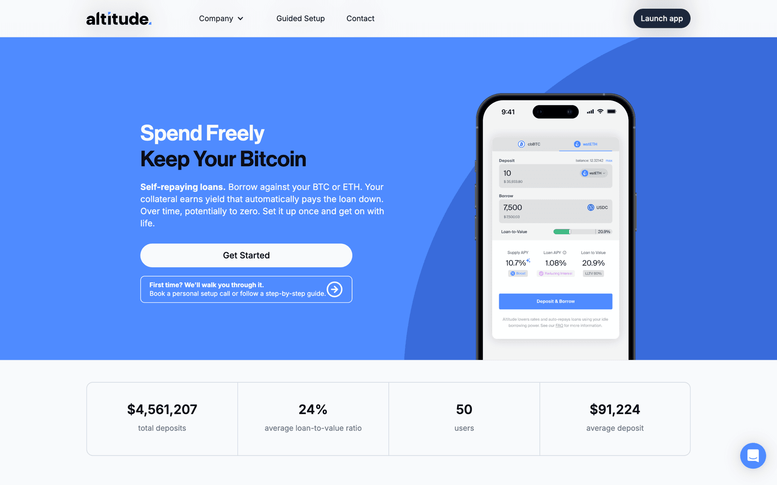 Altitude self-repaying crypto loan product and live application interface