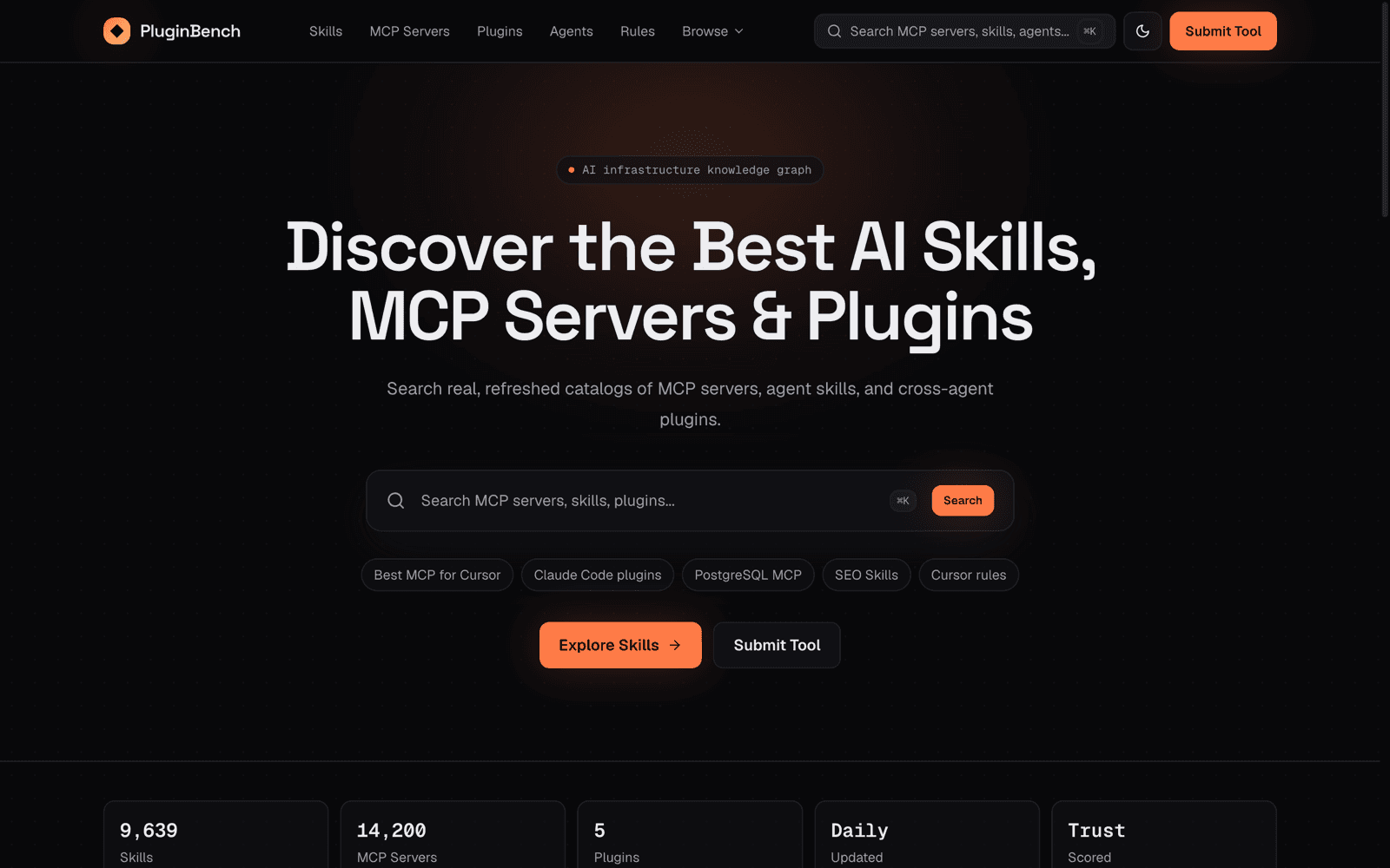 PluginBench search experience and live AI infrastructure catalog counts