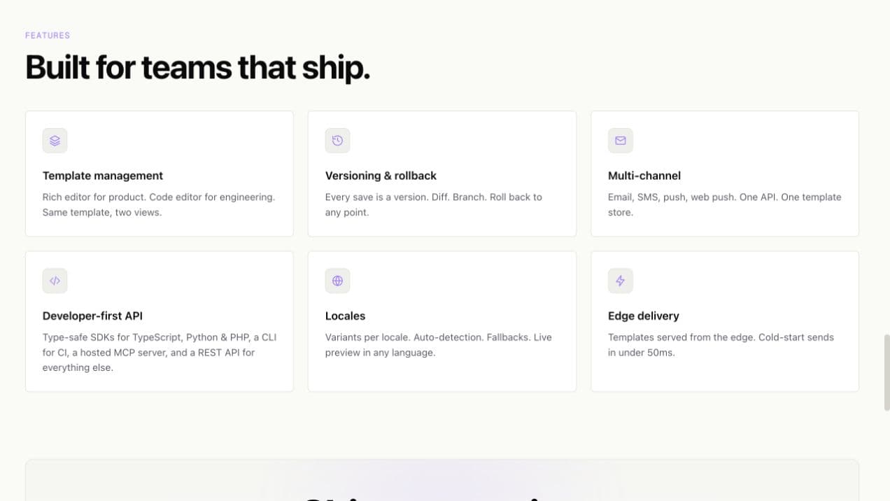SenderKit feature set including template management, versioning, channels and developer APIs