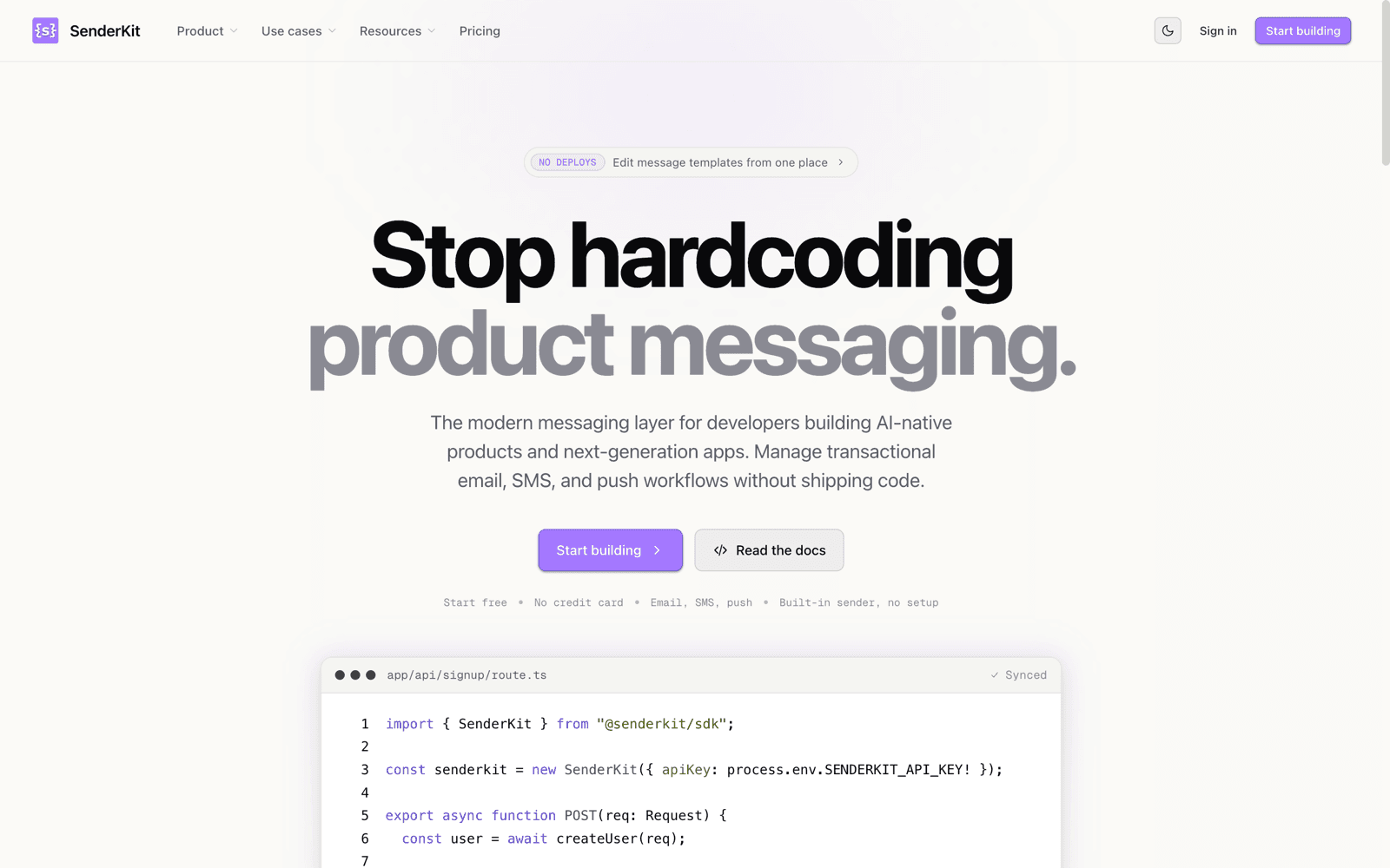 SenderKit homepage introducing the product messaging platform