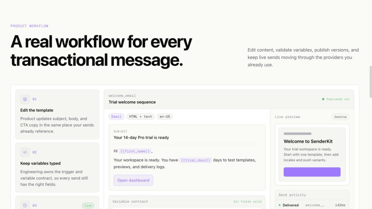 SenderKit transactional message editor with live preview